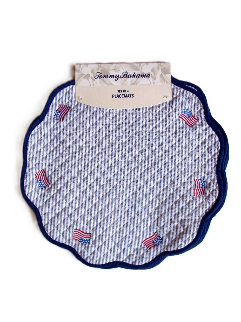 Tommy Bahama Scalloped Placemats Stripes White Blue Set/4 Embroidered Flag NWT